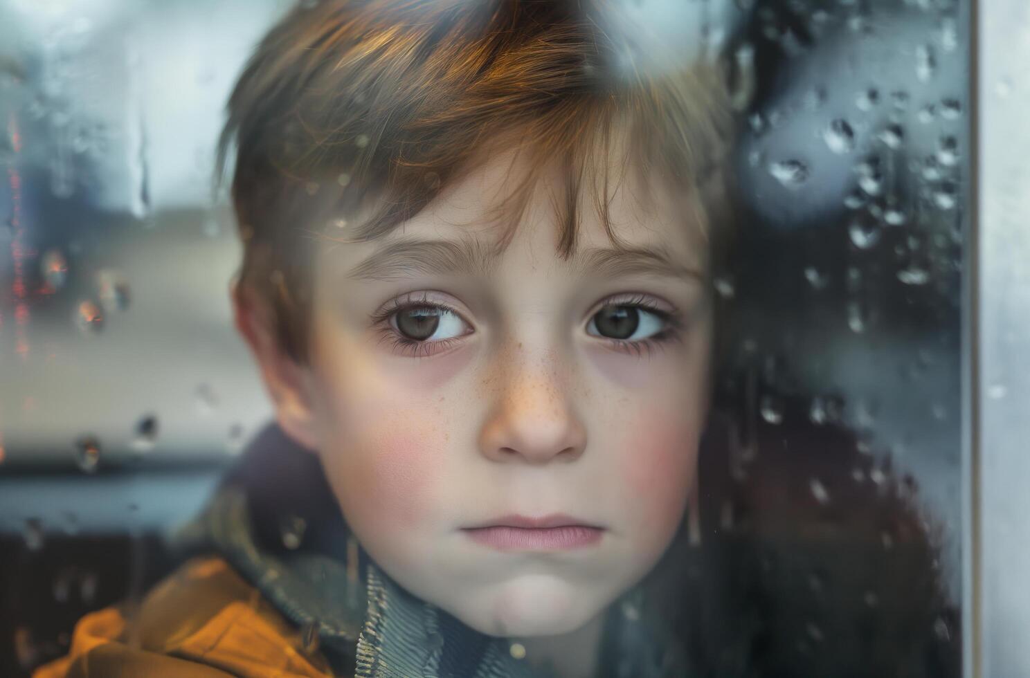 AI generated Contemplative boy at window photo