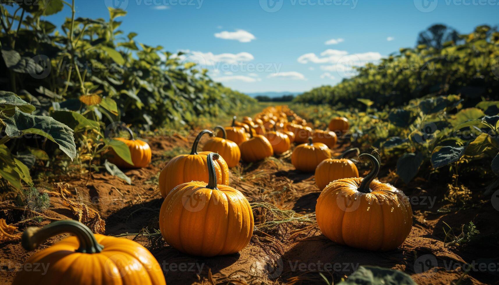 AI generated Pumpkin harvest, autumn farm, nature bounty, vibrant orange gourd generated by AI photo