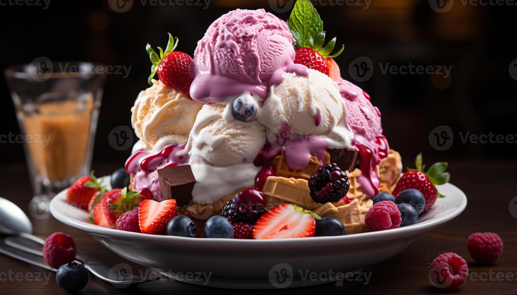 AI generated Freshness and sweetness on a wooden table, berry ice cream generated by AI photo