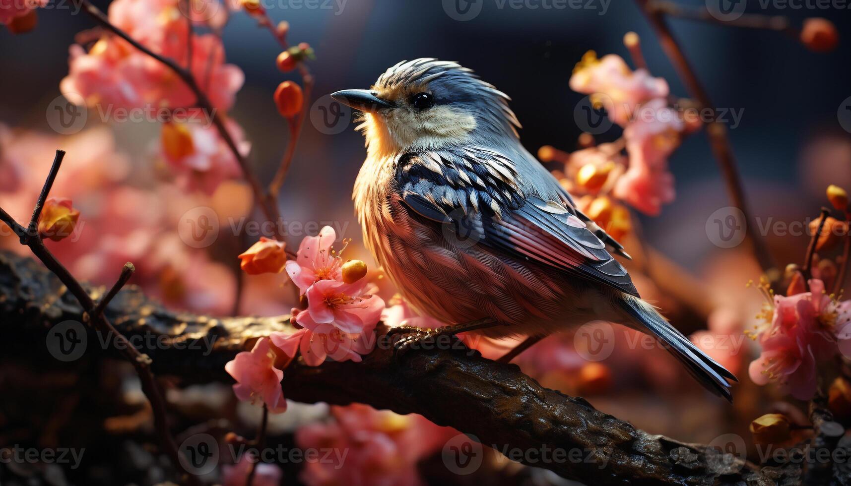 AI generated Tranquil scene  bird perching on branch, surrounded by vibrant colors generated by AI photo