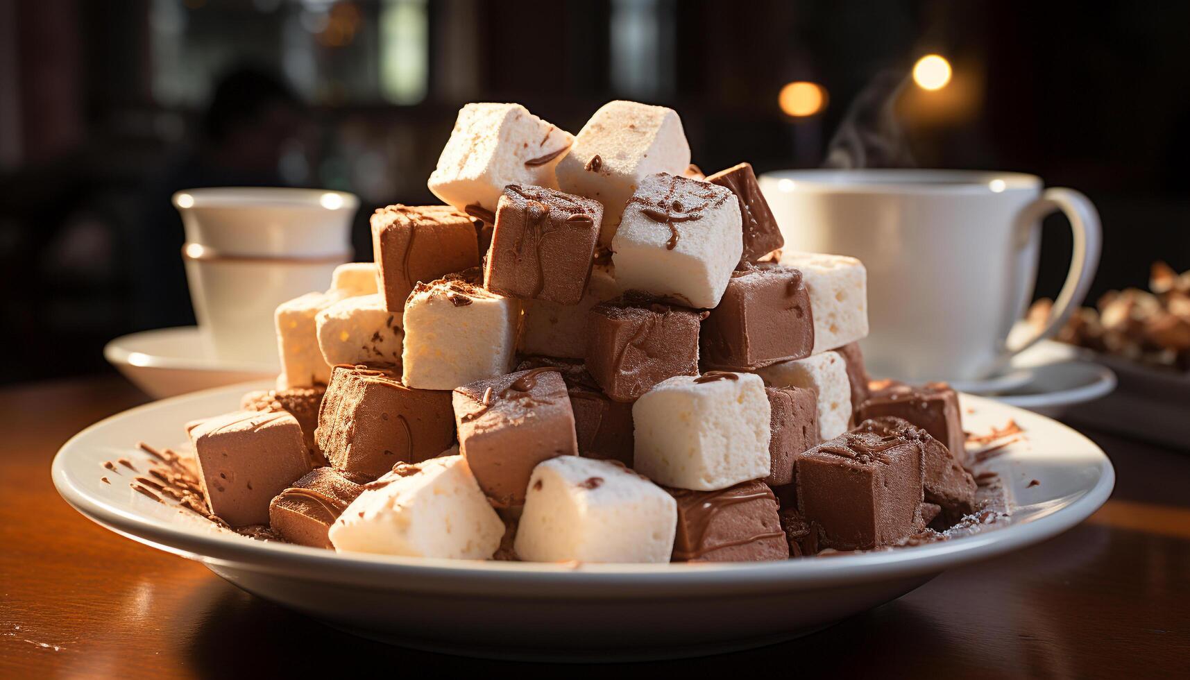 ai generado gastrónomo postre oscuro chocolate Dulce de azúcar en un rústico de madera plato generado por ai foto