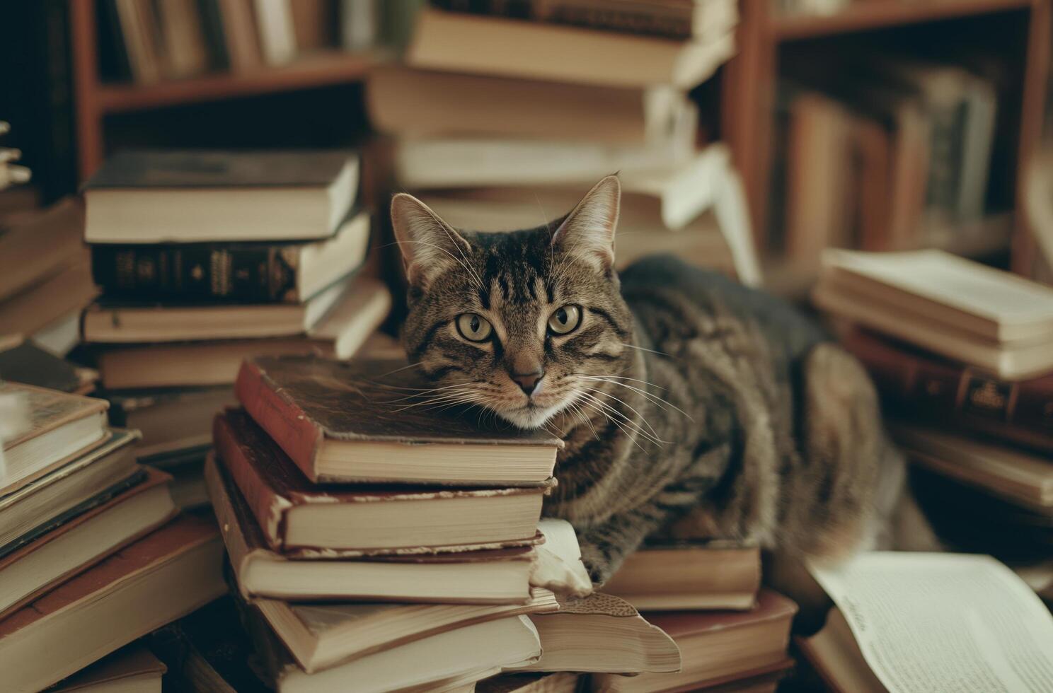 AI generated Tabby cat among book piles photo