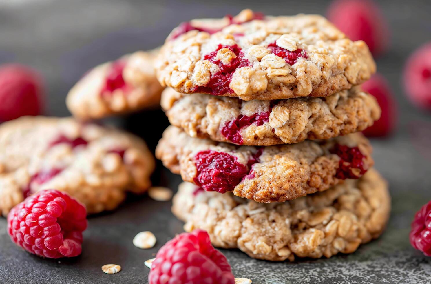 AI generated Raspberry oatmeal cookie stack photo