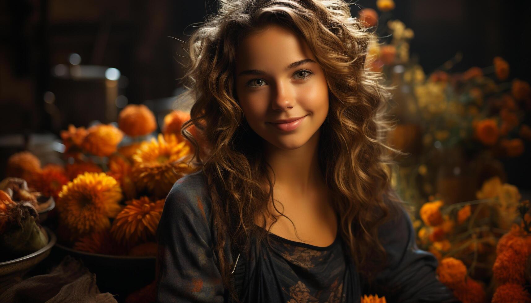 AI generated Smiling young woman, beauty in nature, holding flower, looking cheerful generated by AI photo