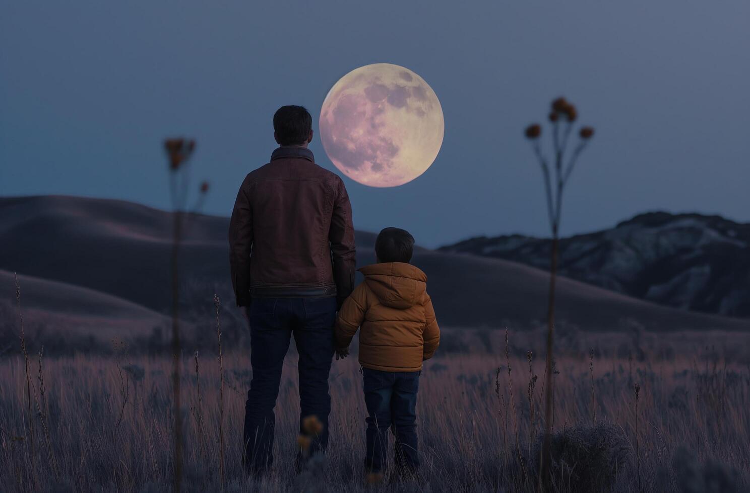 ai generado padre y hijo mirando a gran luna foto