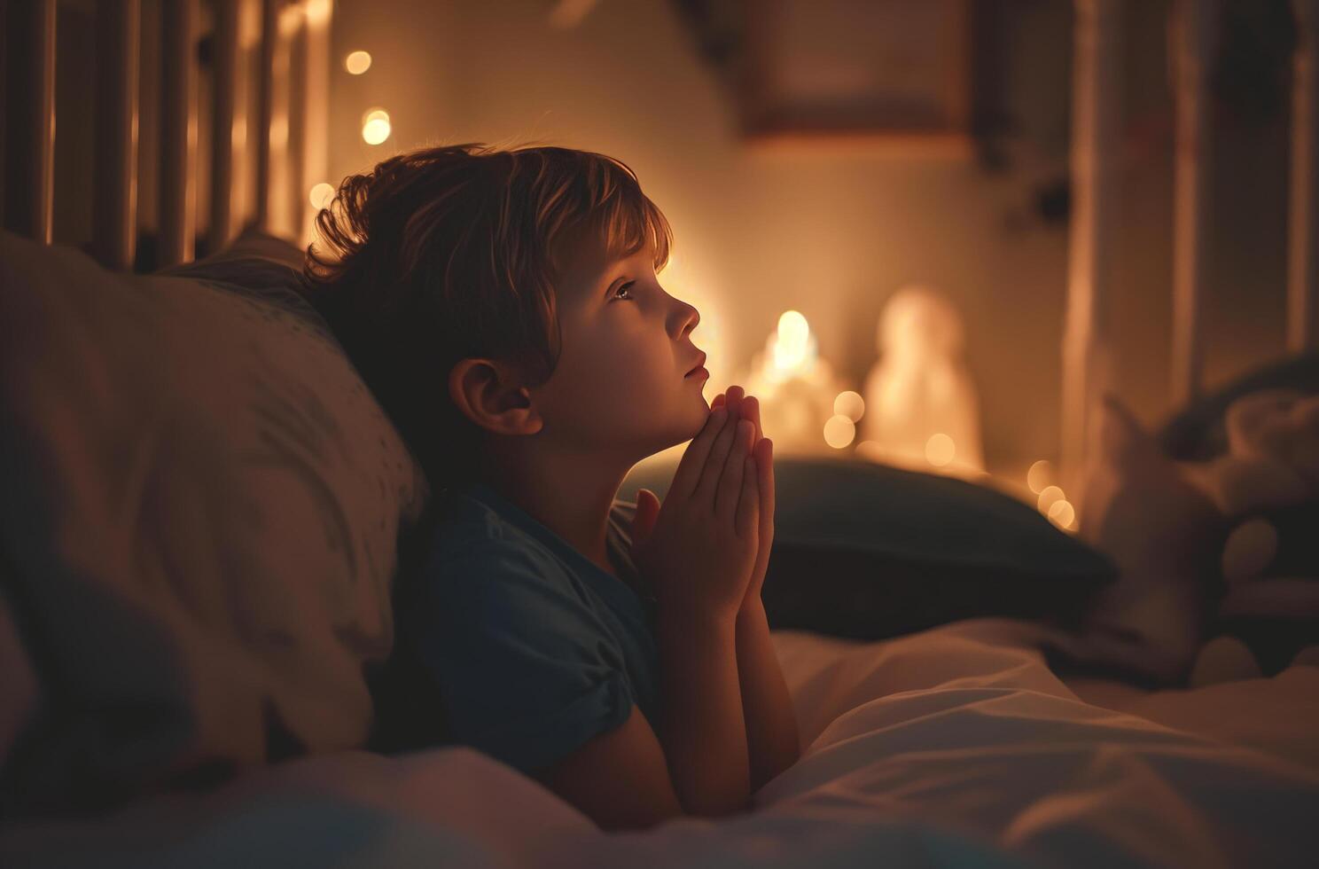 AI generated Boy praying on bed with blanket photo
