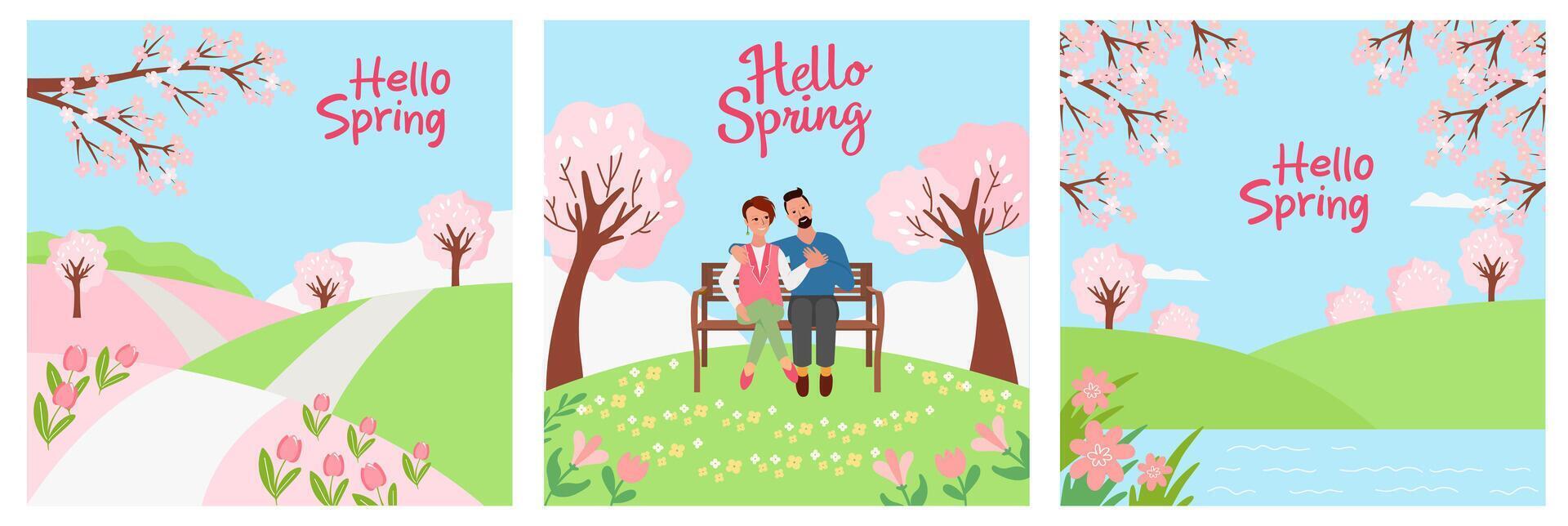 Spring nature landscapes. Vector set of greting cards with flowering fields, parks, couple in love, lake, sakura in bloom.