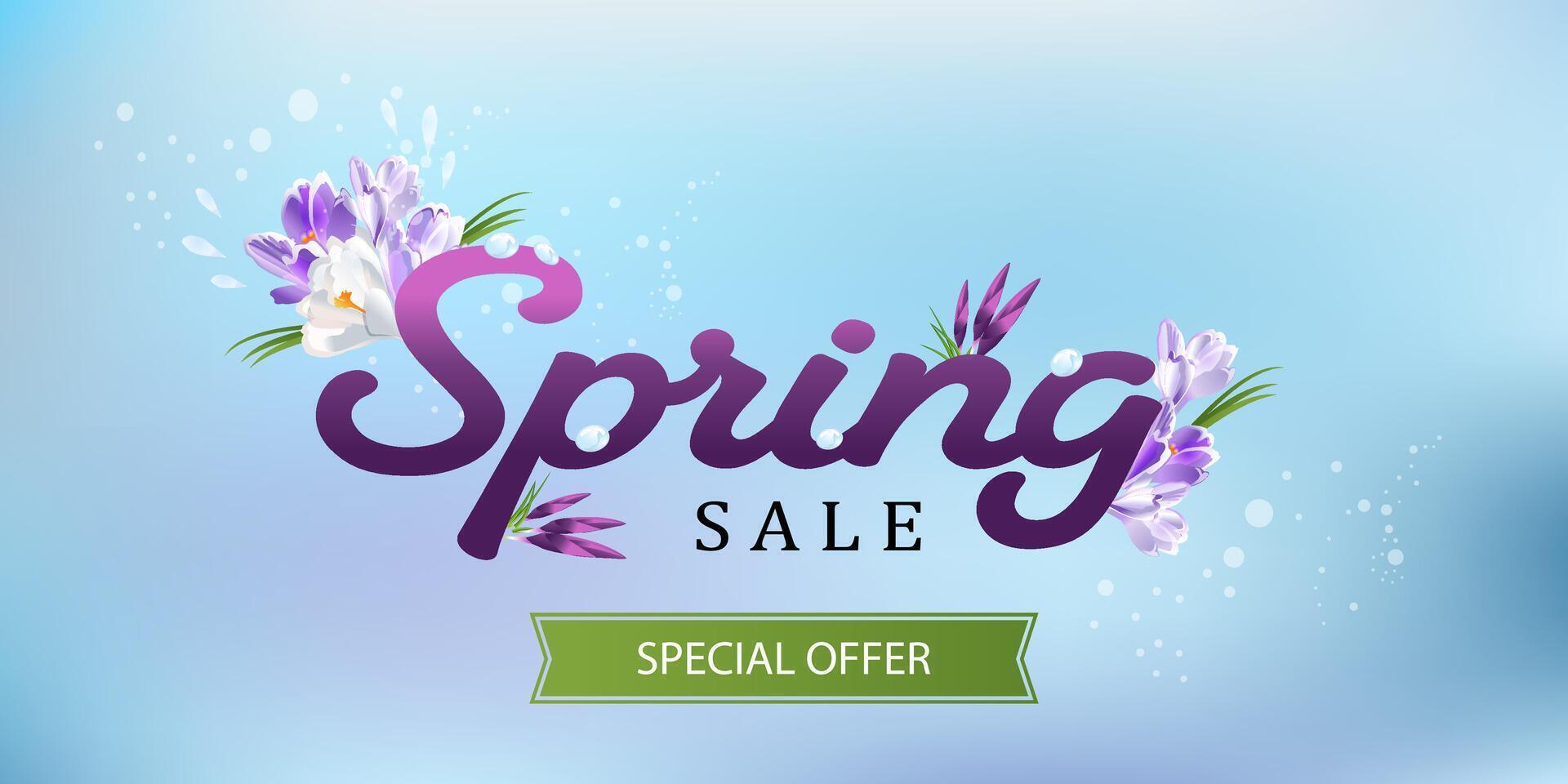 Spring Sale banner template with lilac early flowers on delicate blue gradient background. vector