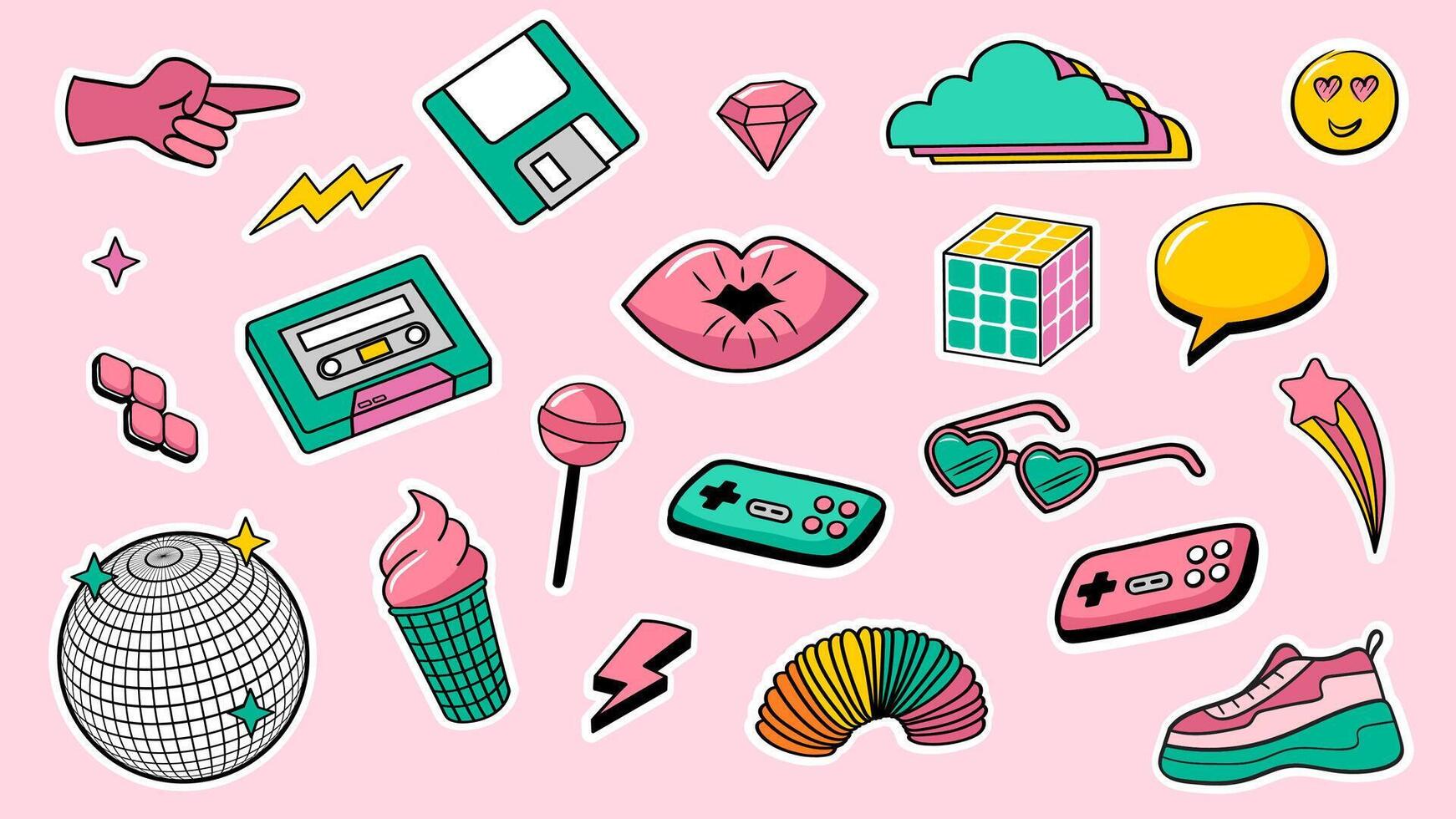 22 cute cartoon retro elements in 90s style. Vector set with disco ball, kiss, lolly, ice cream and etc.