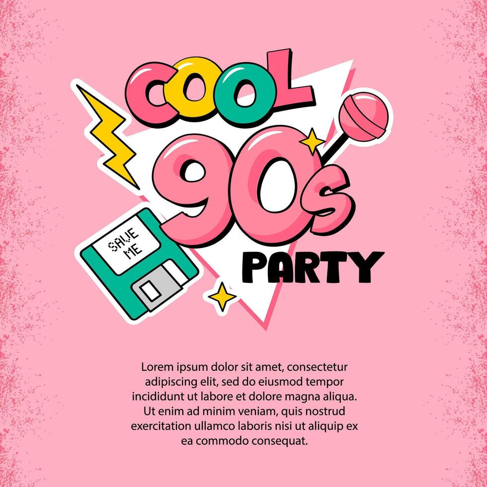 Cool 90s party poster. Retro vector banner template.