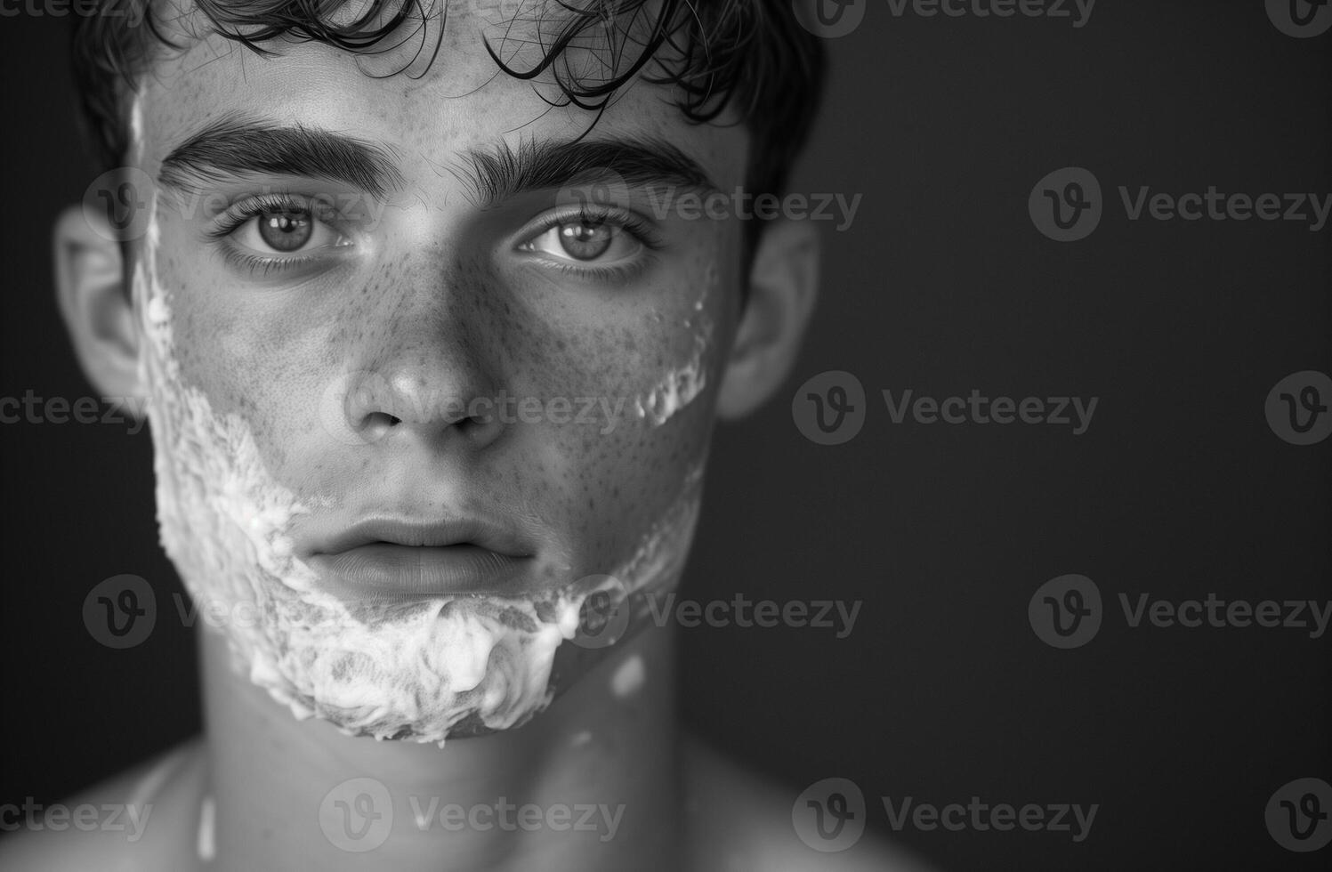 AI Generated Man shaving in bathroom with foam photo