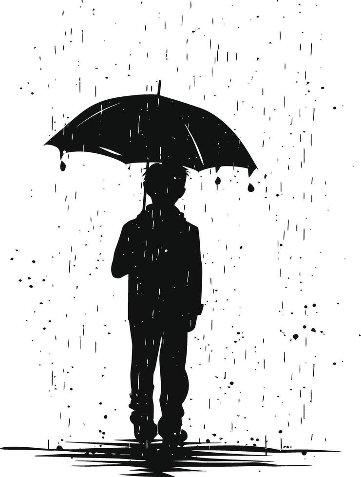 AI generated Silhouette boy with umbrella during drizzle black color only vector