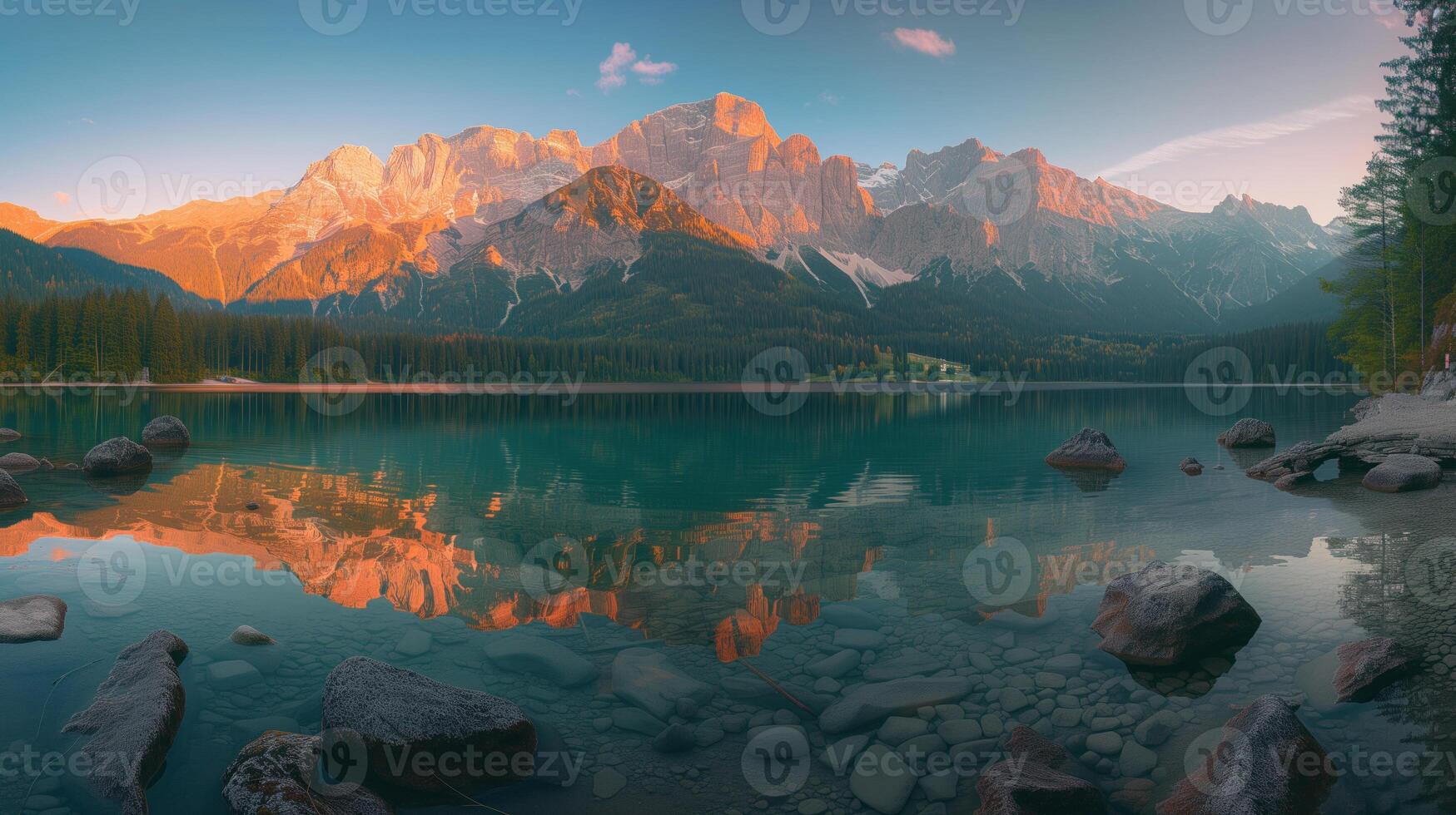 ai generado sereno amanecer a eibsee lago con zugspitze montaña reflexiones foto