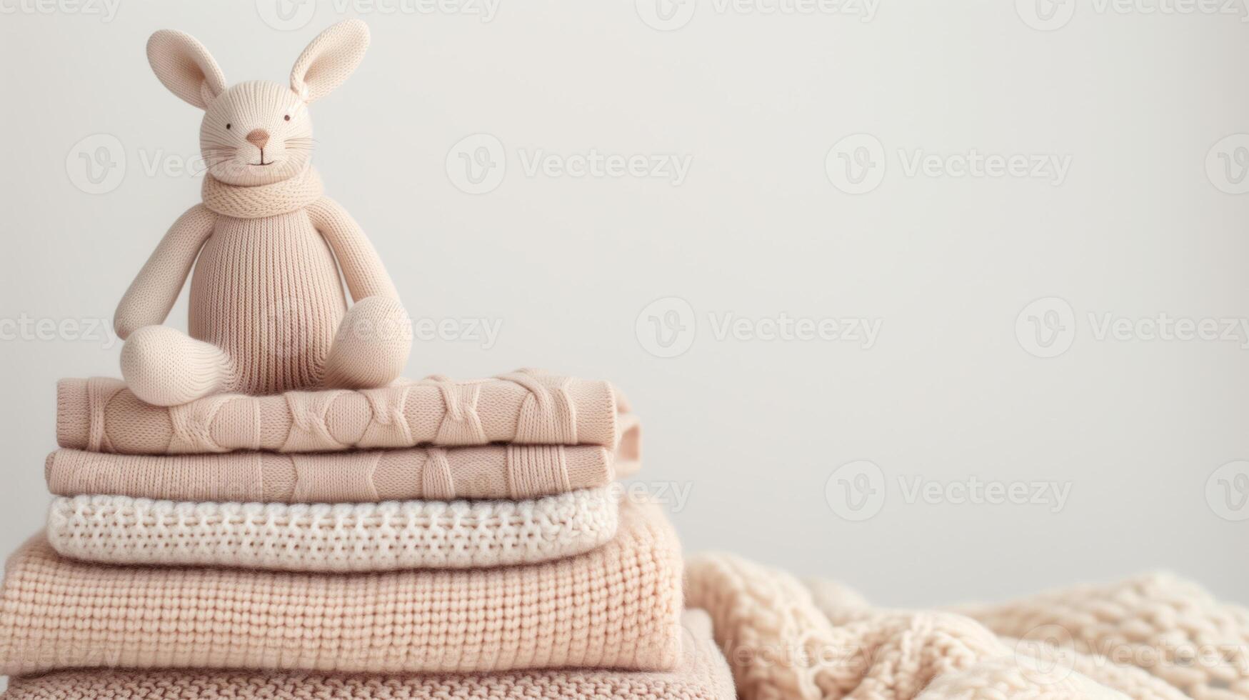 AI generated Cozy Knitted Bunny atop Soft Pastel Baby Sweaters. photo
