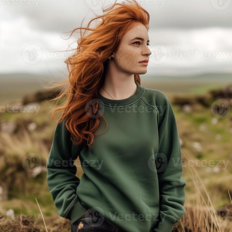 AI generated Redheaded Woman in Green Sweater Outdoors. Sweatshirt mockup. photo