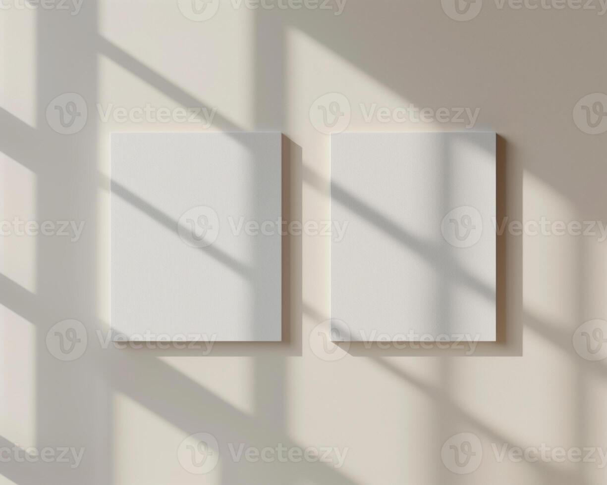 AI generated Dual Blank Canvas Mockups with Geometric Shadow Play on a White Wall. photo