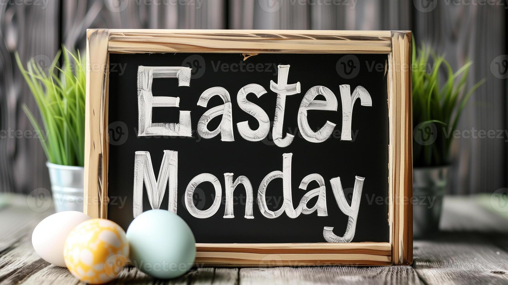 AI generated Handwritten Easter Monday Chalkboard with Decorative Eggs and Greenery. photo