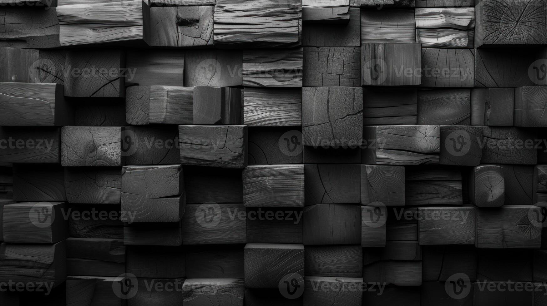 AI generated A monochromatic arrangement of textured wooden blocks in various shades of black and grey. photo