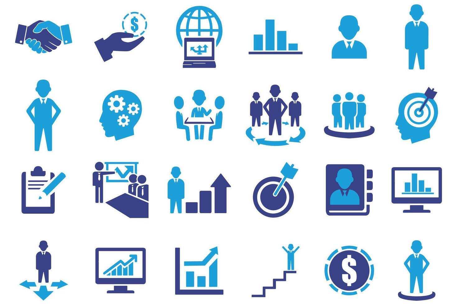 Business icons collection. Vector illustration. Contains initial, top, profile, stock, market, meeting, data, analytics, csr, handshake, growth, certificate, balance, scale, value.