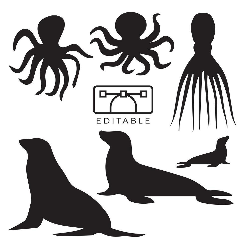 Octopus and seal water animal's silhouette vector