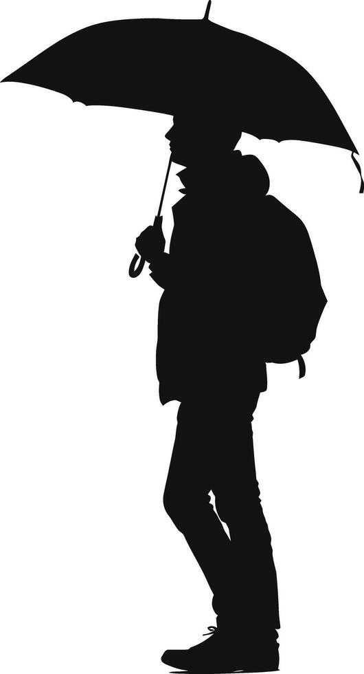 AI generated Silhouette boy or man with umbrella during drizzle black color only vector