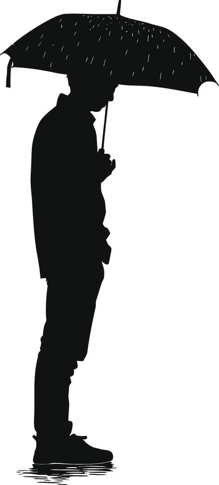 AI generated Silhouette boy or man with umbrella during drizzle black color only vector