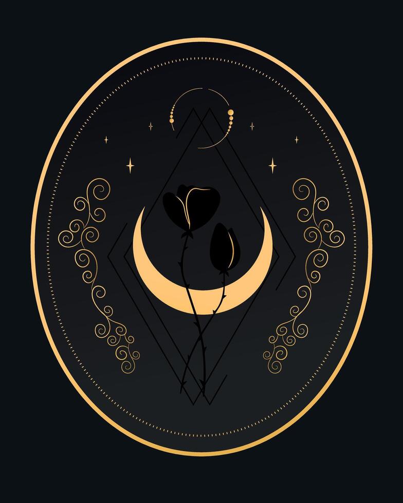 Abstract celestial emblem with a crescent, stars and flowers on black background. Vector illustration