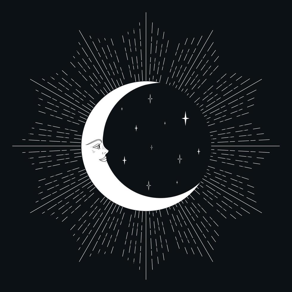 Celestial background with a shiny crescent and stars. Monochrome magical vector illustration