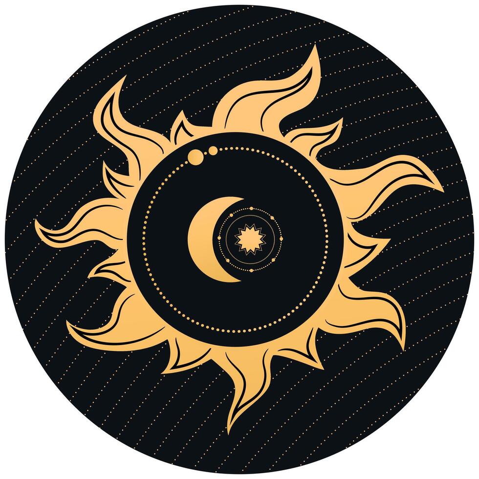 Abstract celestial emblem with a sun, crescent and star. Vector illustration