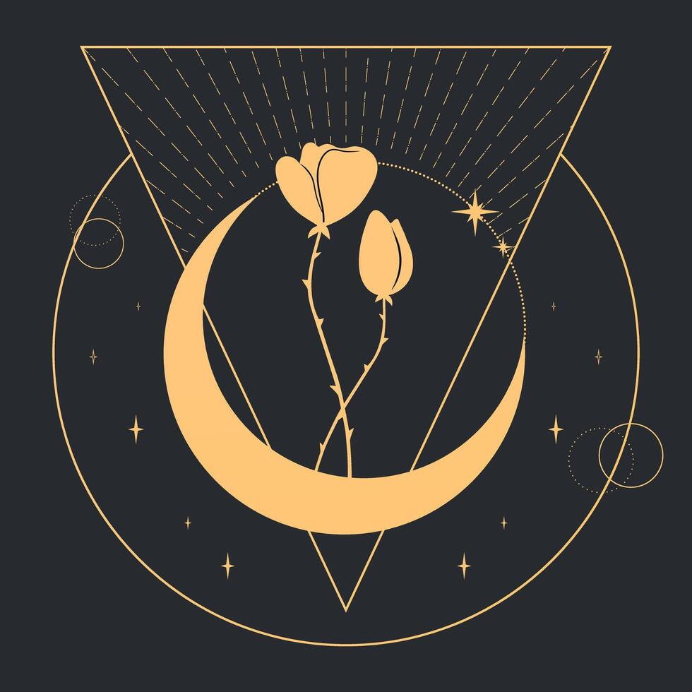 Celestial background with a crescent, stars and flowers. Magical vector illustration
