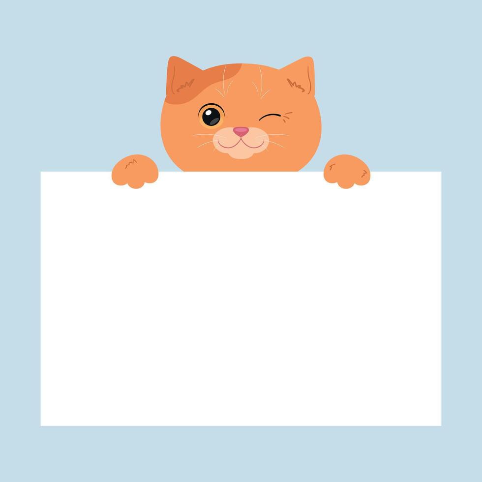 Cartoon winking ginger cat holding a blank paper sheet. Cute template for text. Vector illustration