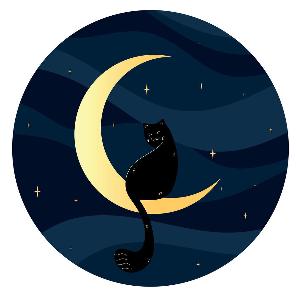 Cute black cat sitting on a crescent on night sky background. Vector illustration