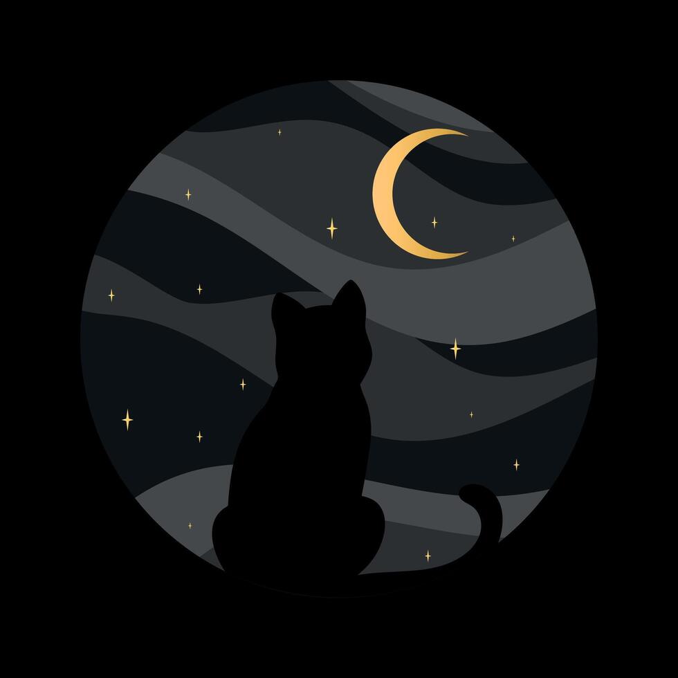 Black cat silhouette on night sky background. Cat watching on a crescent. Vector illustration