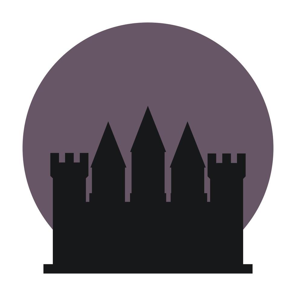 Dark Medieval castle flat icon. Fortress on red bloody sky circle background. Medieval architecture. Vector illustration of knight castle with walls and towers isolated on white background