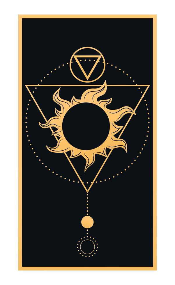 Abstract celestial emblem with a sun and geometric shapes on black background. Vector illustration