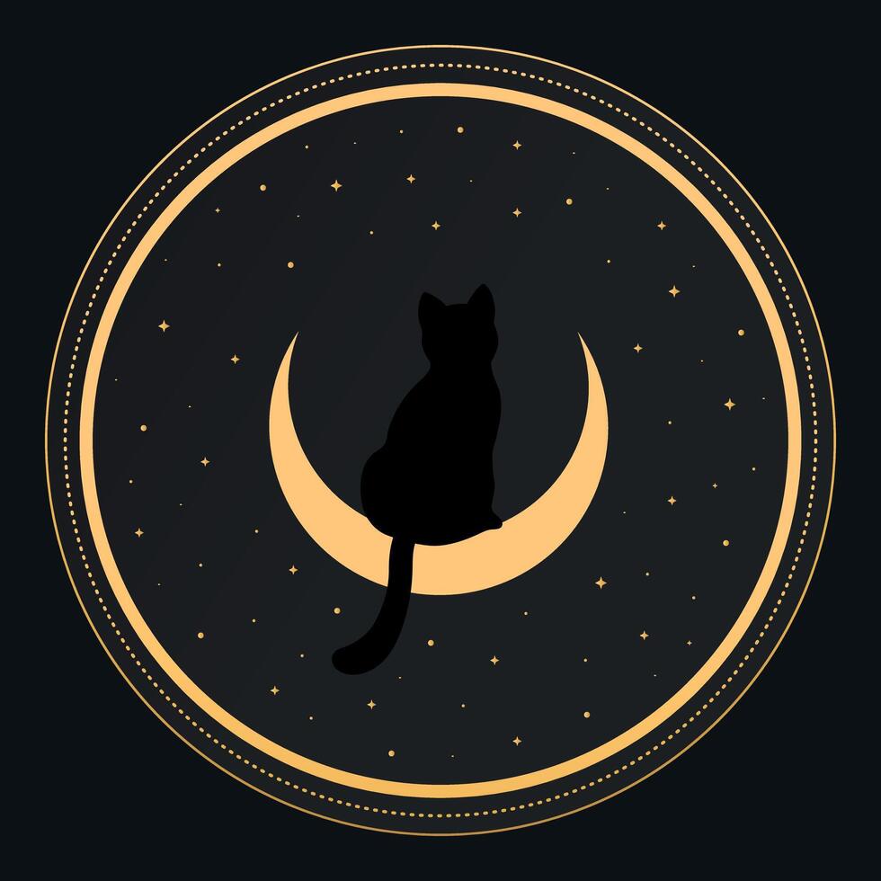 Black cat sitting on a crescent. Back view. Magic and sorcery background. Vector illustration