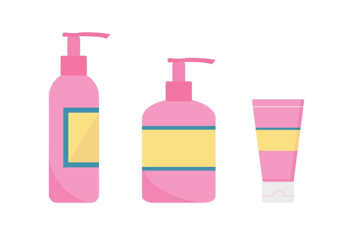 Set of plastic containers for cosmetic products. Pump bottles and tube in flat style. Vector illustration