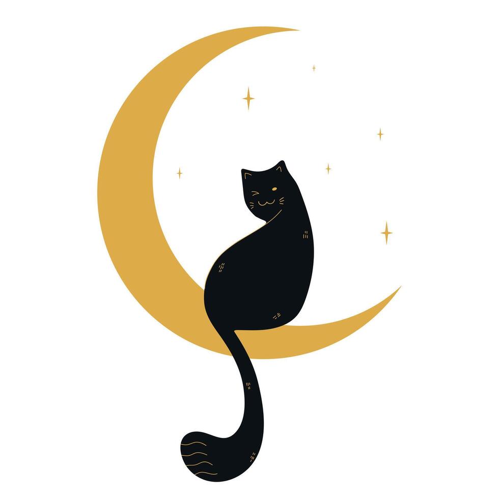 Cute black cat sitting on a crescent. Vector illustration
