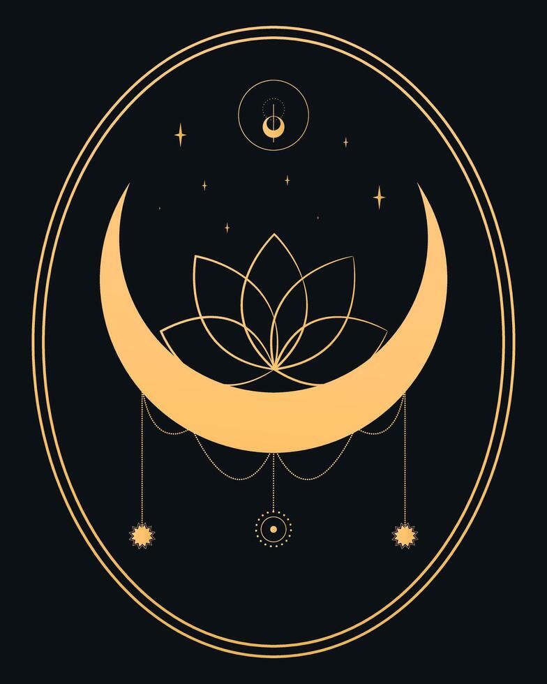 resumen celestial emblema con un creciente, loto flor y estrellas. vector ilustración