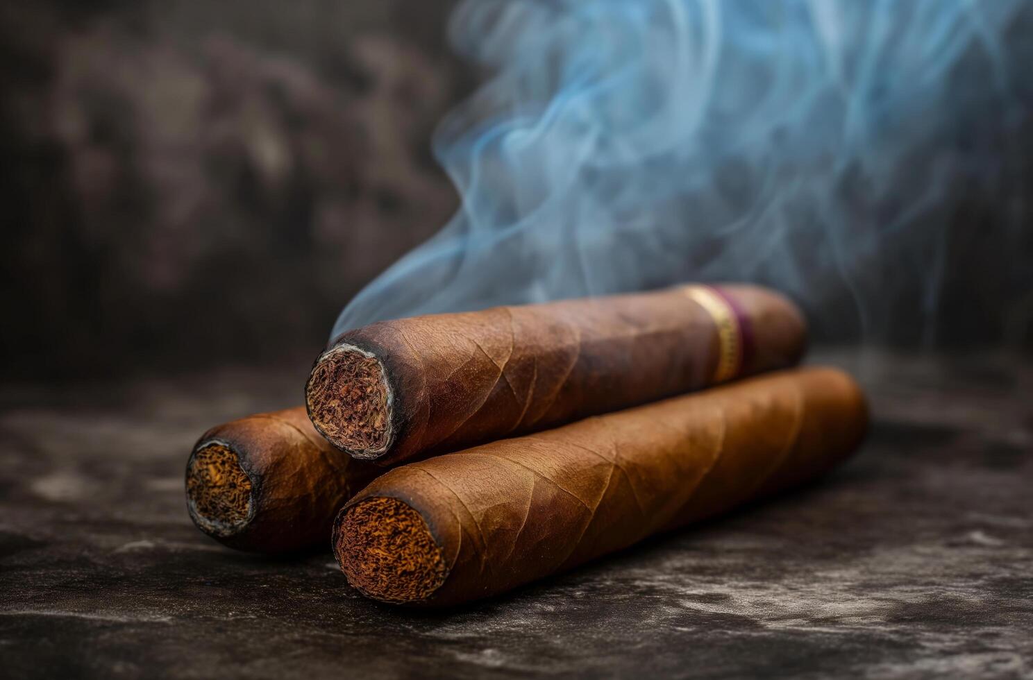 AI generated Three smoking cigars on dark backdrop photo