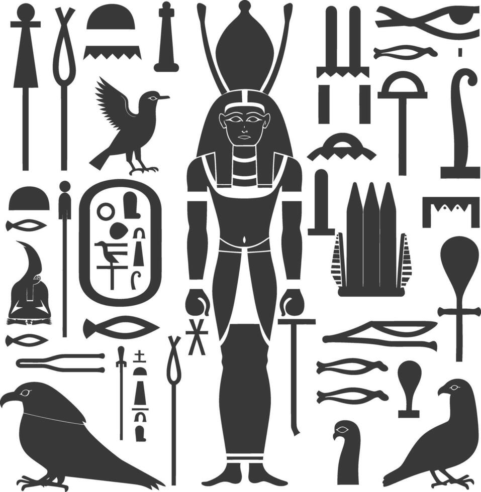 AI generated Silhouette collection of ancient egyptian hieroglyphs symbol logo black color only vector