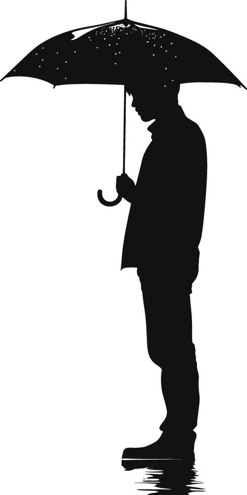 AI generated Silhouette boy or man with umbrella during drizzle black color only vector