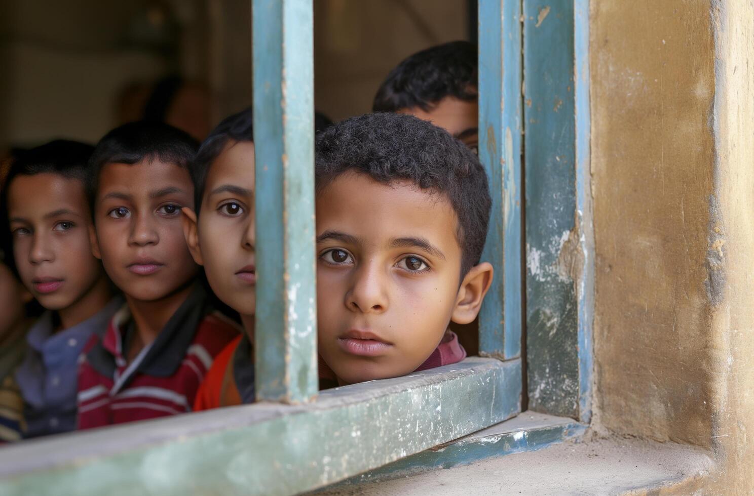 AI generated Schoolchildren peering through window photo