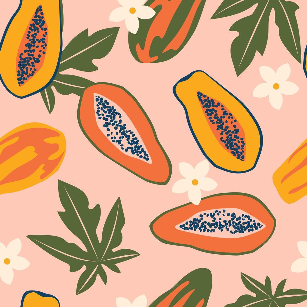 Papaya with leaves Hawaiian fruits seamless pattern. Summer tropical vibe with pink background for fabrics, textiles. Vector. vector