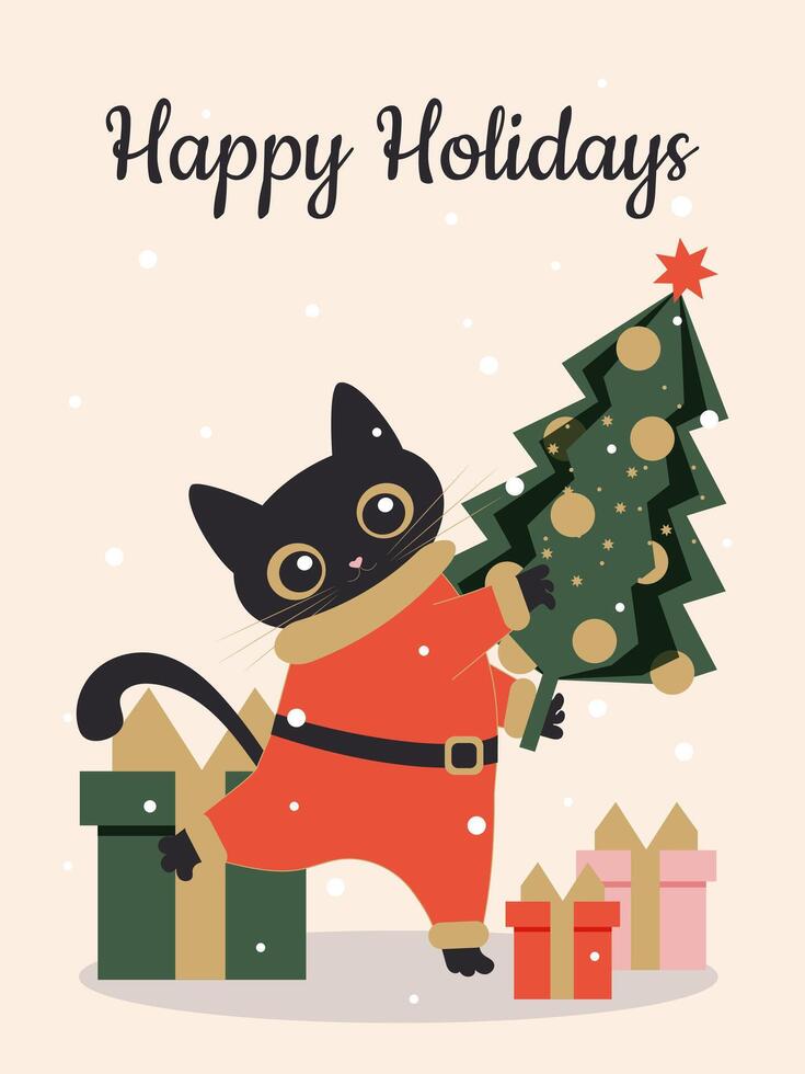 A black cute cat dressed as Santa Claus holds a Christmas tree and dances among the gifts. Vector. vector