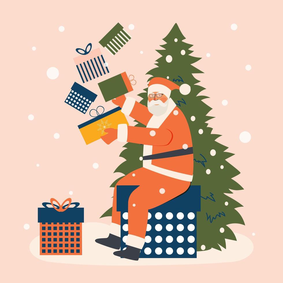 A grandfather in a Santa Claus costume sitting on a box juggles gifts for the New Year near a Christmas tree isolated on a light pink background. Vector. vector
