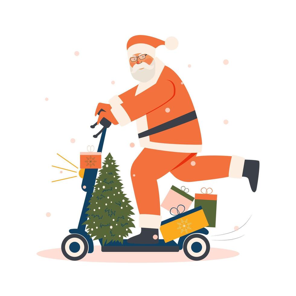 A grandfather with a beard in a Santa Claus costume rides joyfully on an electric scooter with gifts and a Christmas tree. Holiday card isolated on white background. Vector. vector