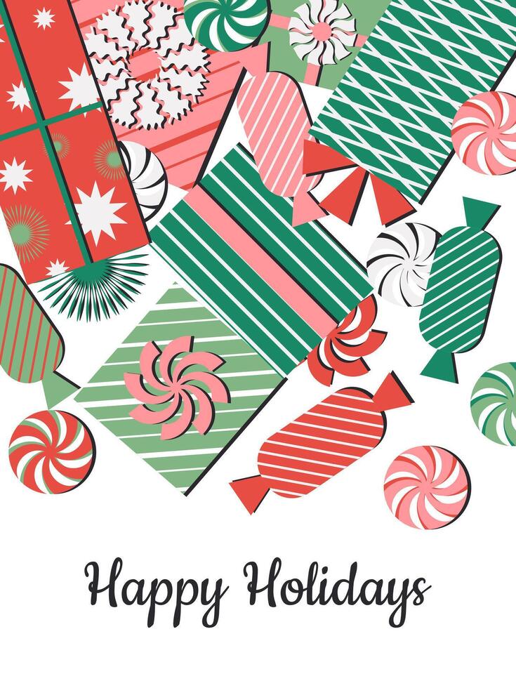 Christmas card with candies, lollipops and gifts. Vector. vector