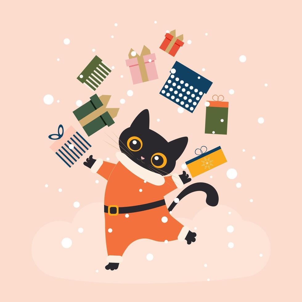 Black cute cat dressed as Santa Claus juggles with gift boxes and dances under the snowfall isolated on a light pink background. Vector. vector