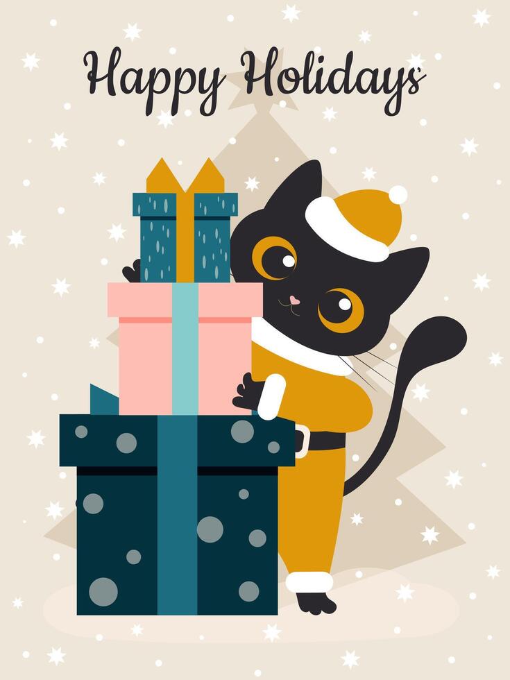 A black cute cat dressed as Santa Claus peeks mischievously from behind a mountain of New Year gift boxes on a vertical light gray snowy background. Vector. vector